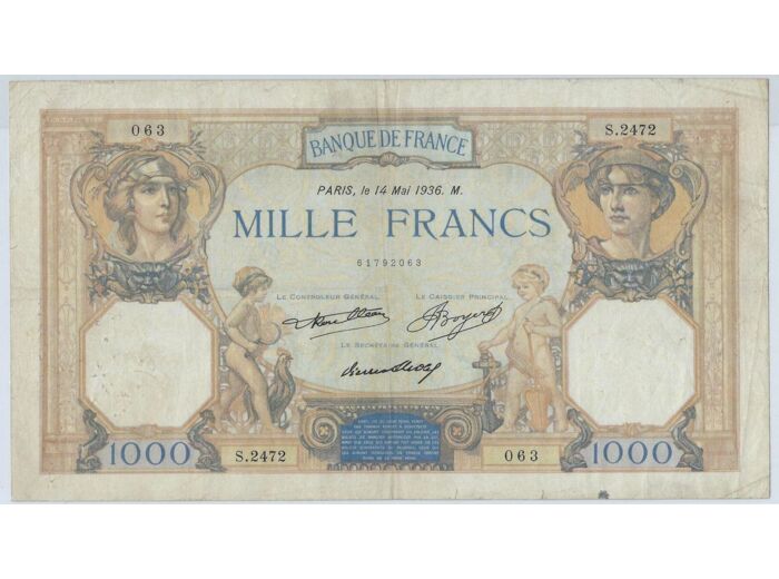 FRANCE 1000 FRANCS CERES ET MERCURE 14 MAI 1936 S.2472 TTB-