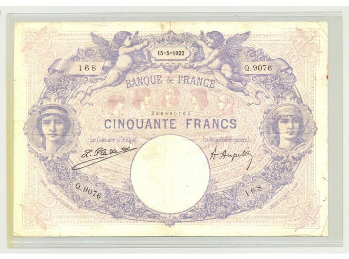 FRANCE 50 FRANCS BLEU ET ROSE 15 05 1922 SERIE Q.9076 TB+
