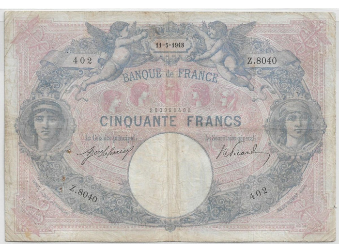 FRANCE 50 FRANCS BLEU ET ROSE SERIE Z.8040 11-5-1918 TB+