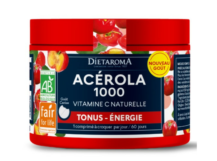 Acérola 1000 Vitamine C Naturelle 60 Comprimés Goût Cerise