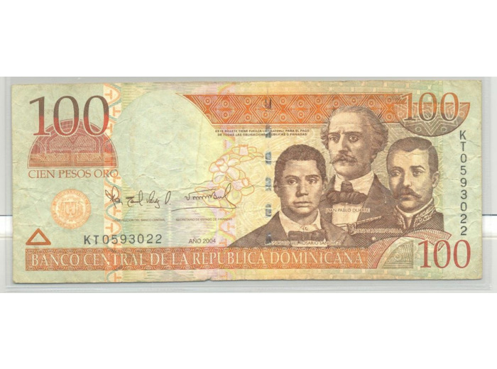 REPUBLIQUE DOMINICAINE 100 PESOS 2004 SERIE KT TB+