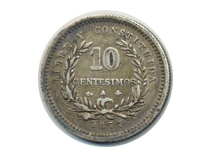 URUGUAY 10 CENTESIMOS 1877 TTB (W14)
