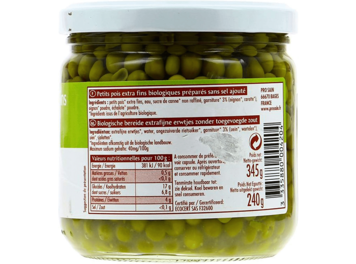 Petits pois extra-fins sans sel 240g ne Prosain