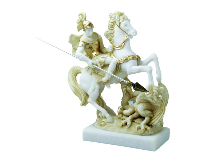 St Georges - Statue en albâtre 20cm -Beige et Or