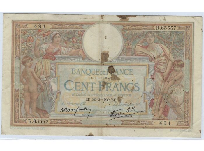 FRANCE 100 FRANCS MERSON SANS LOM 30-3-1939 R.65557 TB