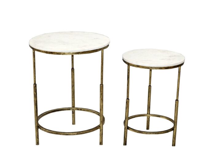 Ensemble de 2 tables basses doré vieilli marbre blanc 46x61cm