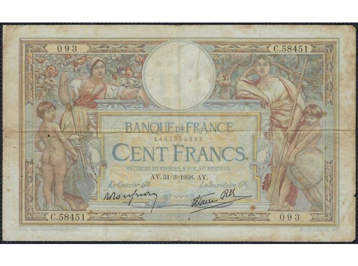FRANCE 100 FRANCS MERSON SANS LOM 31-3-1938 C.58451 TB+