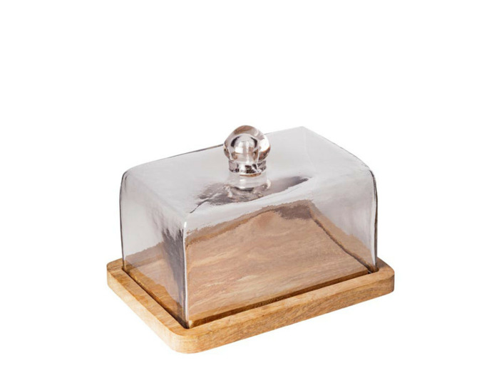 Plateau bois et cloche verre 13x22x22cm