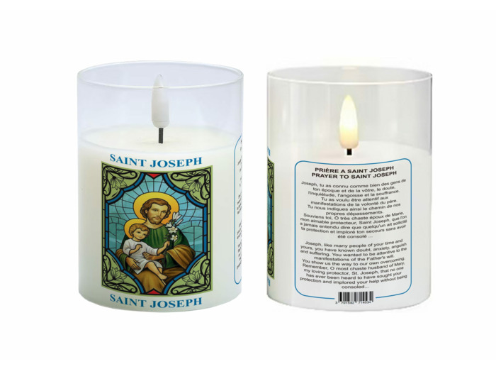 Bougie LED 7.5x10cm - Saint Joseph + Prière - Vendue sans pile