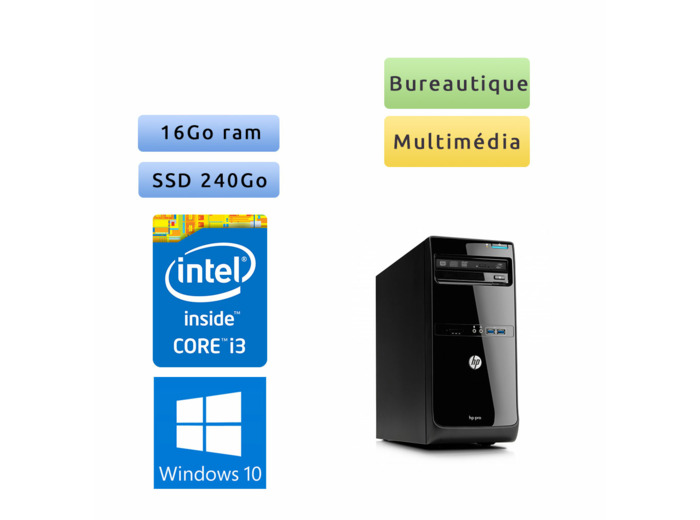 HP Pro 3500 Series MT - Windows 10 - i3 16Go 240Go SSD - Ordinateur Tour Bureautique PC