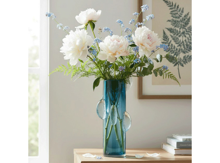 Vase verre bleu moderne 18x18x37cm