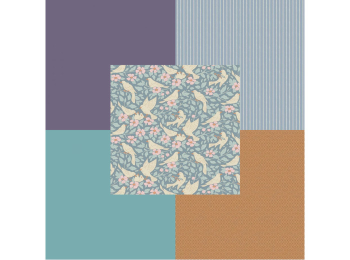 LOT DE 5 COUPONS DE TISSU TILDA UNIS ET IMPRIMÉS  50 X 55 CM, BLEU, VIOLET & COGNAC