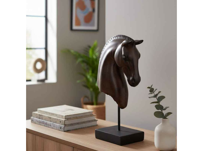 Statuette cheval tête basse polyrésine marron 29x13x43cm