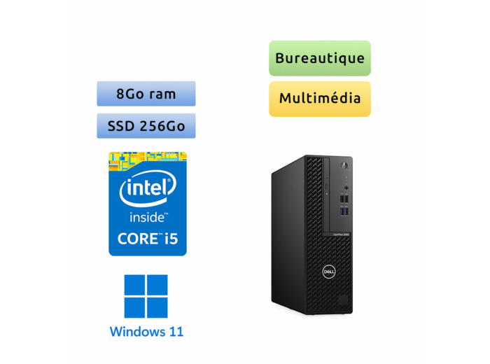 Dell Optiplex 3080 SFF - Windows 11 - i5 8Go 256Go SSD - Ordinateur Tour Bureautique PC