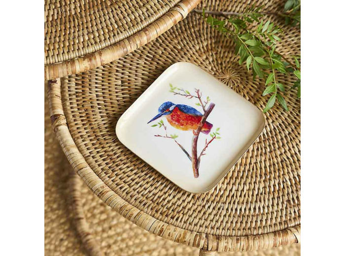 Plateau oiseau rouge bleu métal 16x2x16cm