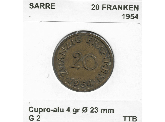 SARRE 20 FRANKEN 1954 TTB (G2)