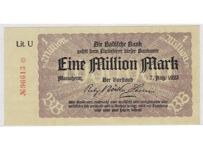 ALLEMAGNE ( MANNHEIM ) 1MILLION MARK SERIE U 07-08-1923 TTB+