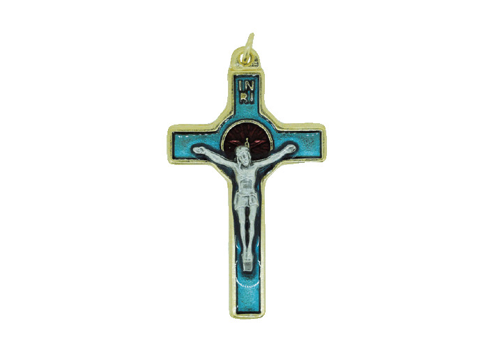 Crucifix en Métal Doré avec Email Bleu 8cm - CHRIST + ESPRIT