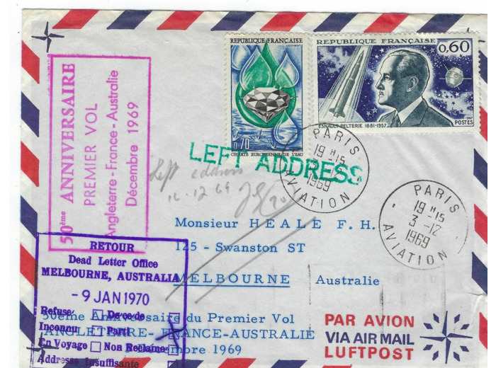 50éme ANNIVERSAIRE PREMIER VOL ANGLETERRE FRANCE AUSTRALIE 03 DECEMBRE 1969 N2