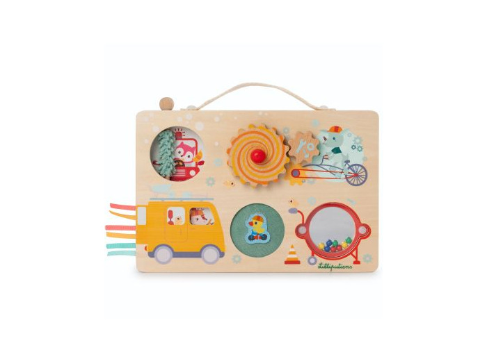 LILLIPUTIENS - Panneau d'Activité Thème véhicules -Jouet d’éveil Multi-activités pour bébé - Valisette Pratique à Transporter
