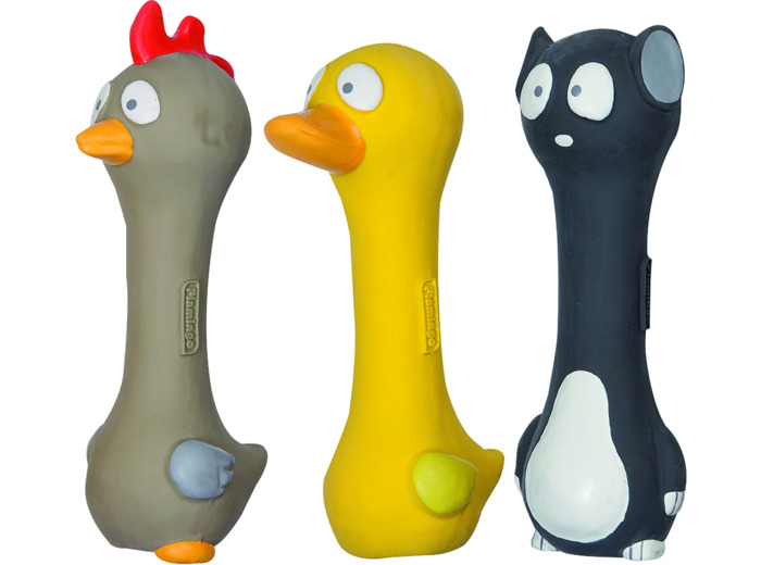 Jouet Poule/Canard/Chat en forme d'haltères en latex pour chien Flamingo