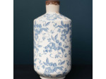 Vase Bouteille Bucolique Fleuri blanc bleu grès 12x25cm