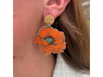 Boucles d'oreilles anémone coloris orange rayures vert pailleté
