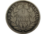 FRANCE 1 FRANC NAPOLEON III tête nue 1858 A (Paris) TB (G460)