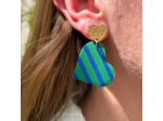 Boucles d'oreilles coeur coloris vert rayures bleues