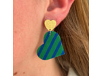 Boucles d'oreilles coeur coloris vert rayures bleues