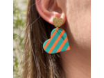 Boucles d'oreilles coeur coloris vert rayures orange