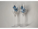 Duo de flutes à champagne peintes à la main avec strass décorées de libellules dans les tons bleus voletant de fleur en fleur
