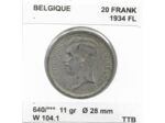 Belgique 20 FRANK 1934 FL TTB