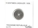 FRANCE 5 CENTIMES LINDAUER .1939. SUP/NC
