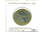 FRANCE 20 FRANCS PIERRE DE COUBERTIN 1994 TTB+