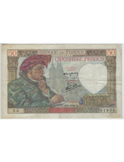 FRANCE 50 FRANCS JACQUES COEUR 13-6-1940 SERIE T.5 TTB