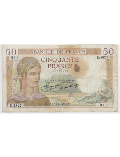 FRANCE 50 FRANCS CERES SERIE K.4827 6-8-1936 TB