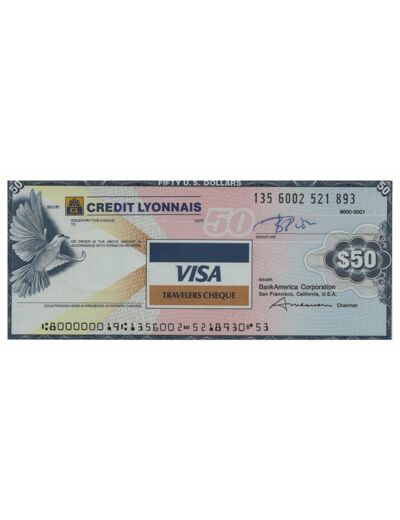 U.S.A. TRAVELERS CHEQUE VISA CREDIT LYONNAIS 50 DOLLARS 135.6002.521.893