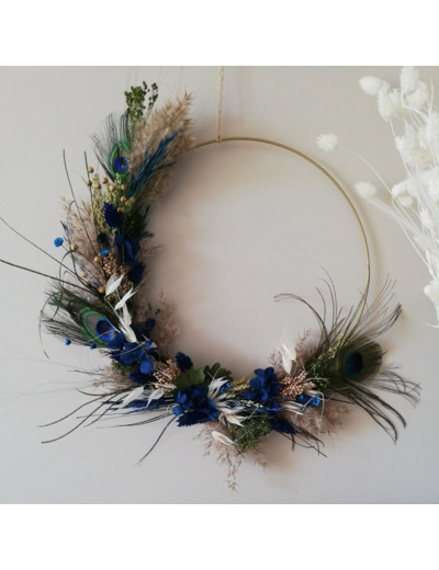 Couronne fleurs séchées plumes de paon <br>vert & bleu