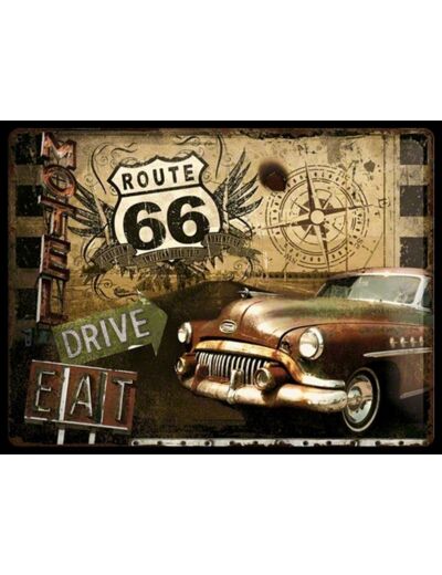 Plaque de Décoration en Métal - Design Retro - Vintage Route 66 Road Trip 30 x 40 cm.