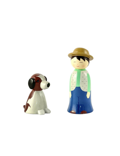 Enfant et son chien en bois tourné 10cm + boite