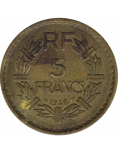 FRANCE 5 FRANCS LAVRILLIER CUPRO ALU 1946 TB+ coup sur tranche