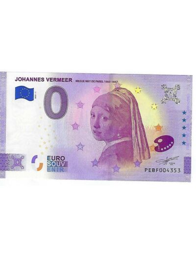 PAYS BAS 2021-1 JOHANNES VERMEER MEISJE MET DE PAREL ANNIVERSAIRE BILLET 0 EURO