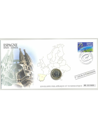 ENVELOPPE PHILATELIQUE NUMISMATIQUE CONSEIL EUROPE 1 EURO ESPAGNE 2002