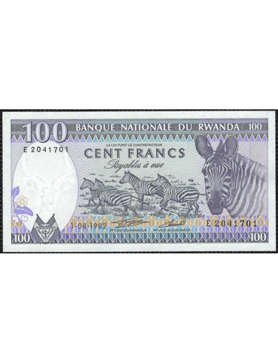 RWANDA 100 FRANCS 1.08.1982 Série E NEUF (W18)