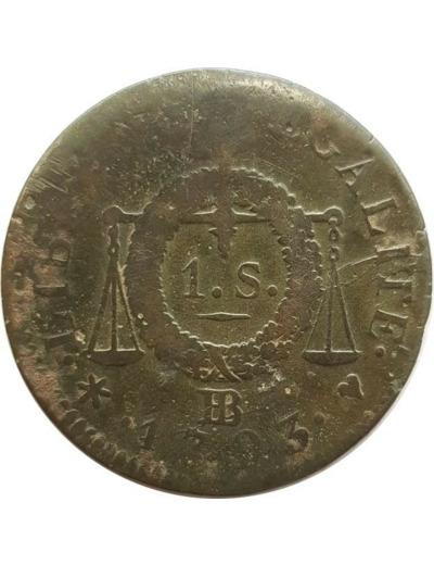 FRANCE 1 SOL AUX BALANCES 1793 BB (Strasbourg) 11gr50 TB+