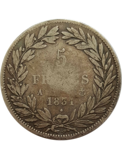 FRANCE 5 FRANCS LOUIS-PHILIPPE I 1831 A (Paris) Tranche en creux B+