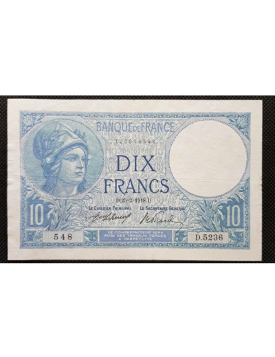 FRANCE 10 FRANCS MINERVE 25-2-1918 SERIE D.5236 TTB+ F 06/03