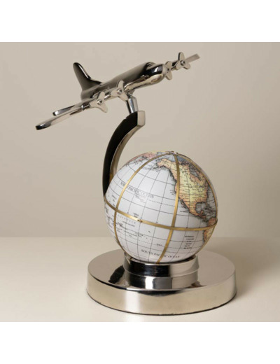 Mappemonde En Métal Argenté Décollage Avion Vintage 32x29x30cm