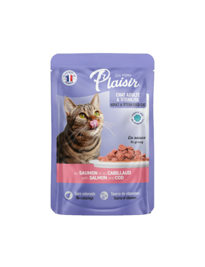 Repas plaisir Chat, émincés au SAUMON et au CABILLAUD en sauce - 100g